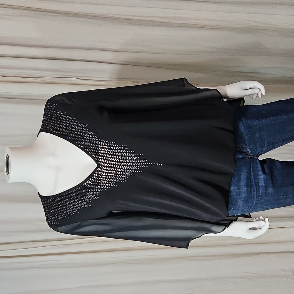 Alfani Black Bead Accent Vneck Sheer Sleeves S Flouncy Elastic Waist Hem